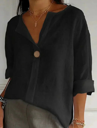 Women's Linen Top | V-Neck Button Closure Three-Quarter Sleeve