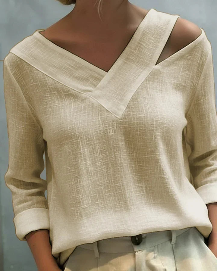Women's Long Sleeve Top | Off Shoulder V Neck Relaxed Fit
