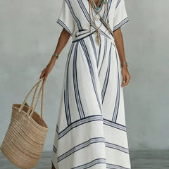 Women's Short Sleeve Dress | V-Neck Striped Linen Maxi