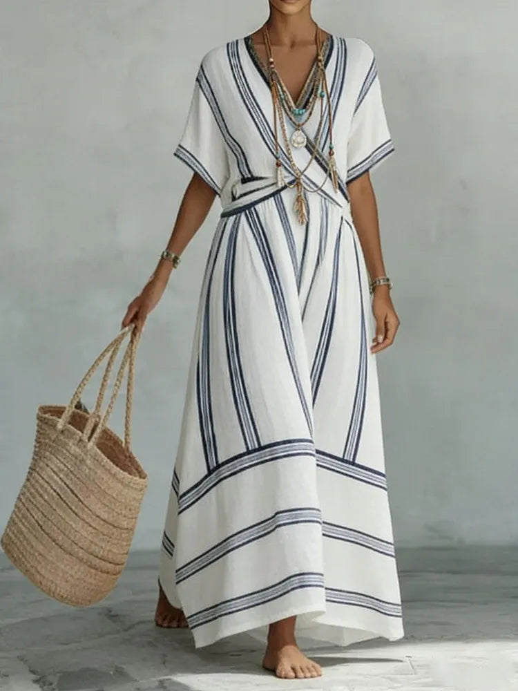 Women's Short Sleeve Dress | V-Neck Striped Linen Maxi