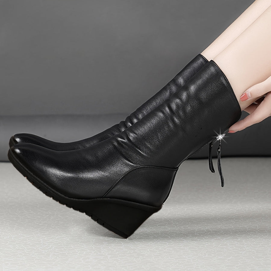 Women's Boots | Wedge Heel Mid-Calf Leather Zip