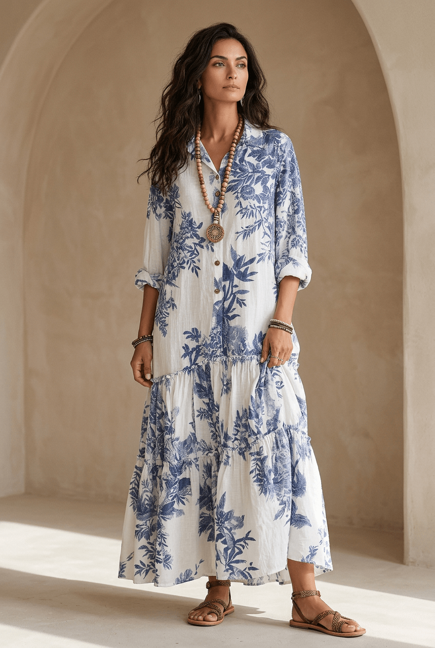 Women's Floral Maxi Dress | Button-Front Collar Maxi