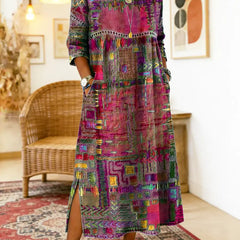 Women's Denim Dress | Midi Length Round Neckline Patchwork Print