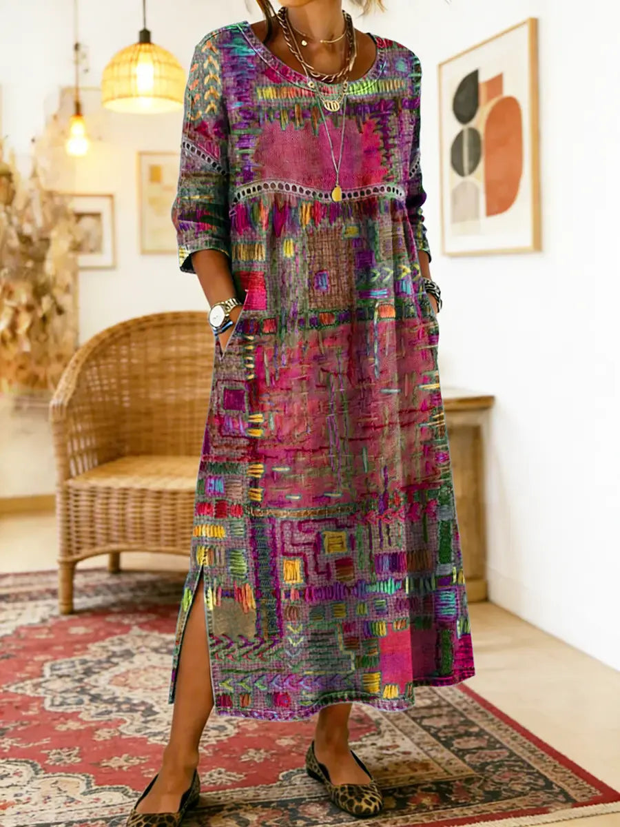Women's Denim Dress | Midi Length Round Neckline Patchwork Print