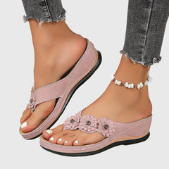 Women's Flip Flop | Open Toe Flower Embellished Wedge