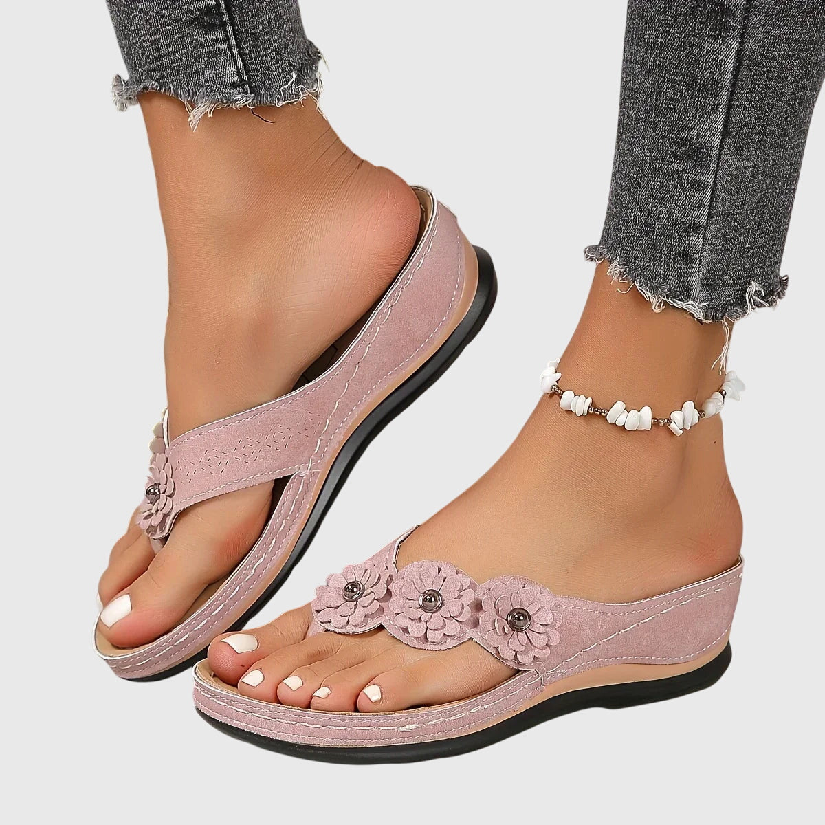 Women's Flip Flop | Open Toe Flower Embellished Wedge
