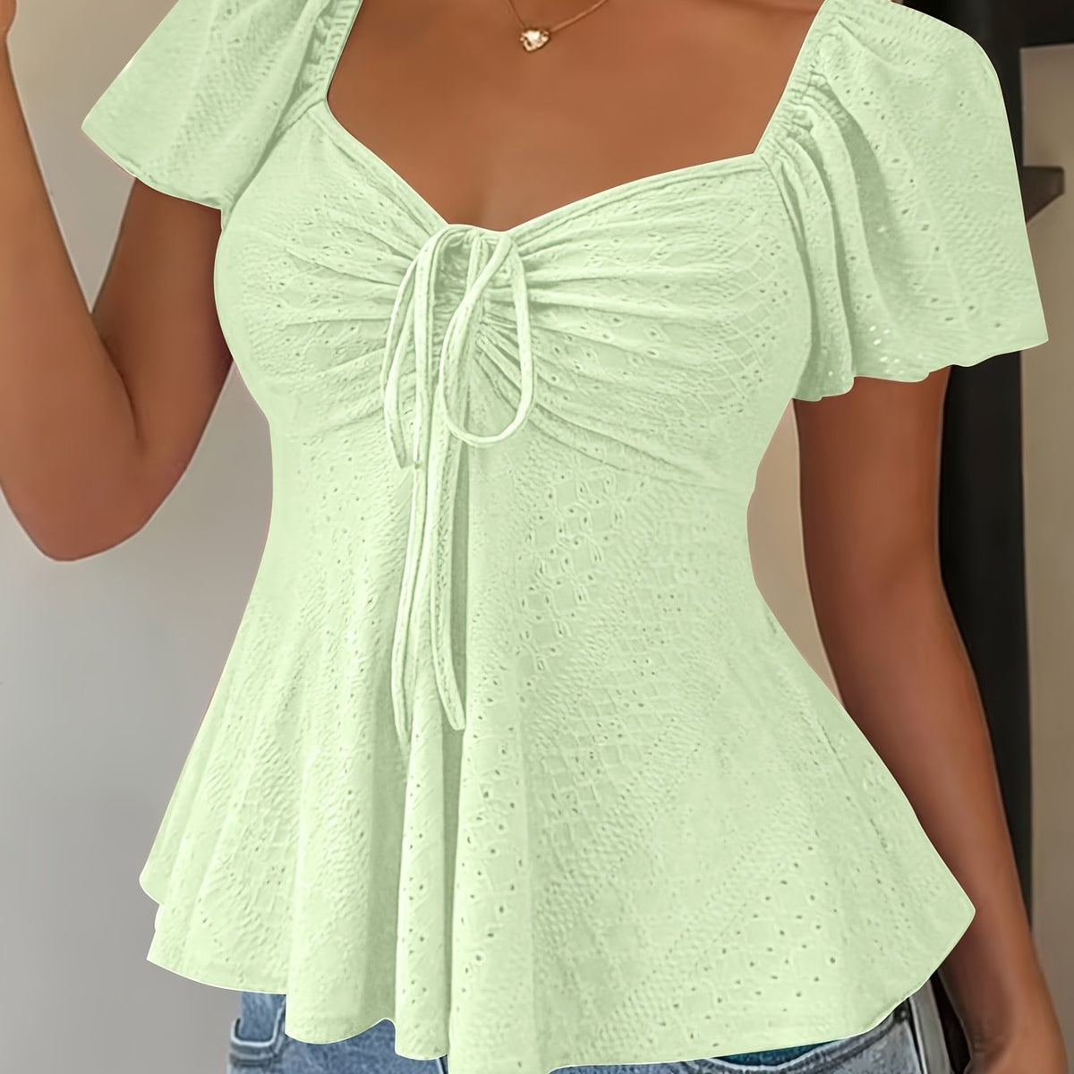 Women's Peplum Top | Sweetheart Neckline Flutter Sleeve Tie Closure