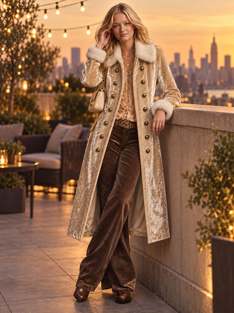 Women's Faux Fur Coat | Velvet Double-Breasted Long Lapel