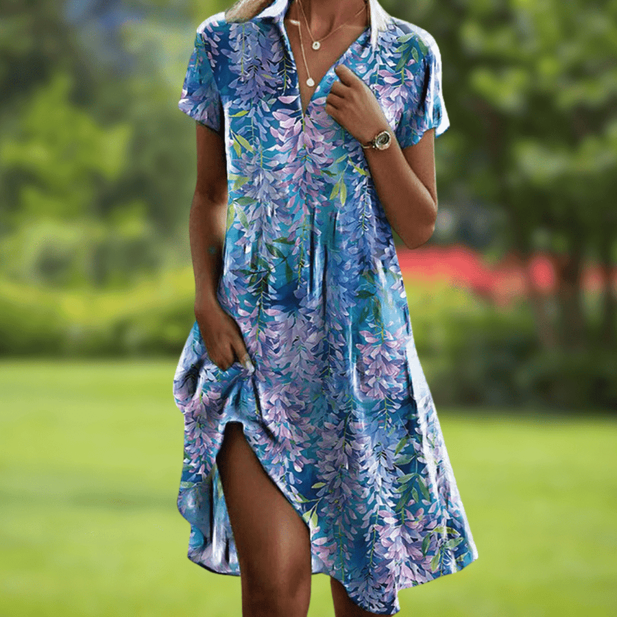 Women's Dress | Midi V-Neck Short Sleeve Floral Print