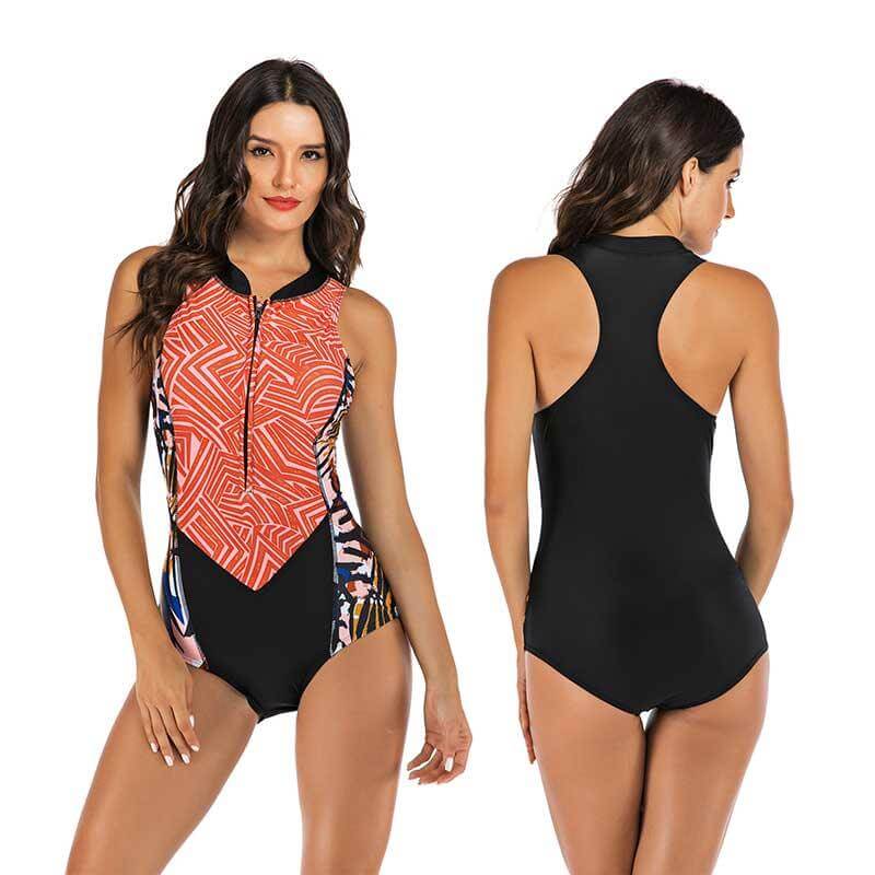 Women's Black One Piece Bikini | Sleeveless Racerback Zipper Front
