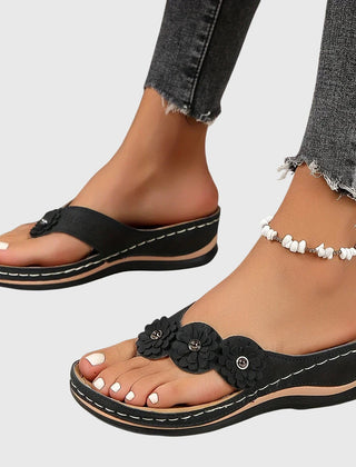 Women's Flip Flop | Open Toe Flower Embellished Wedge