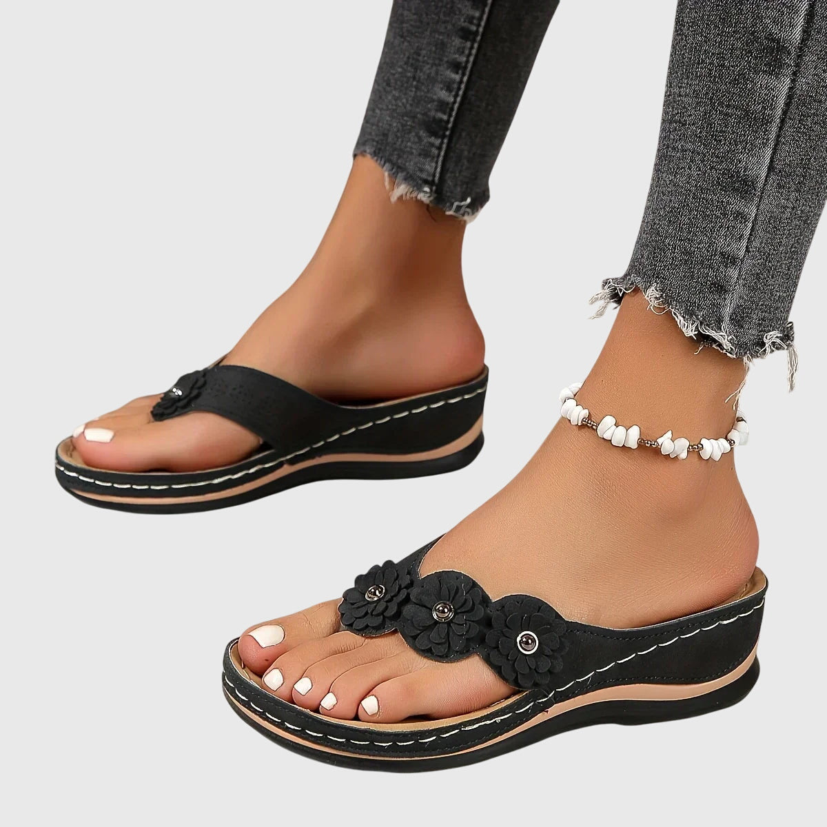 Women's Flip Flop | Open Toe Flower Embellished Wedge