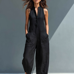 Women's Playsuit | Stand Collar Button Front Sleeveless Linen