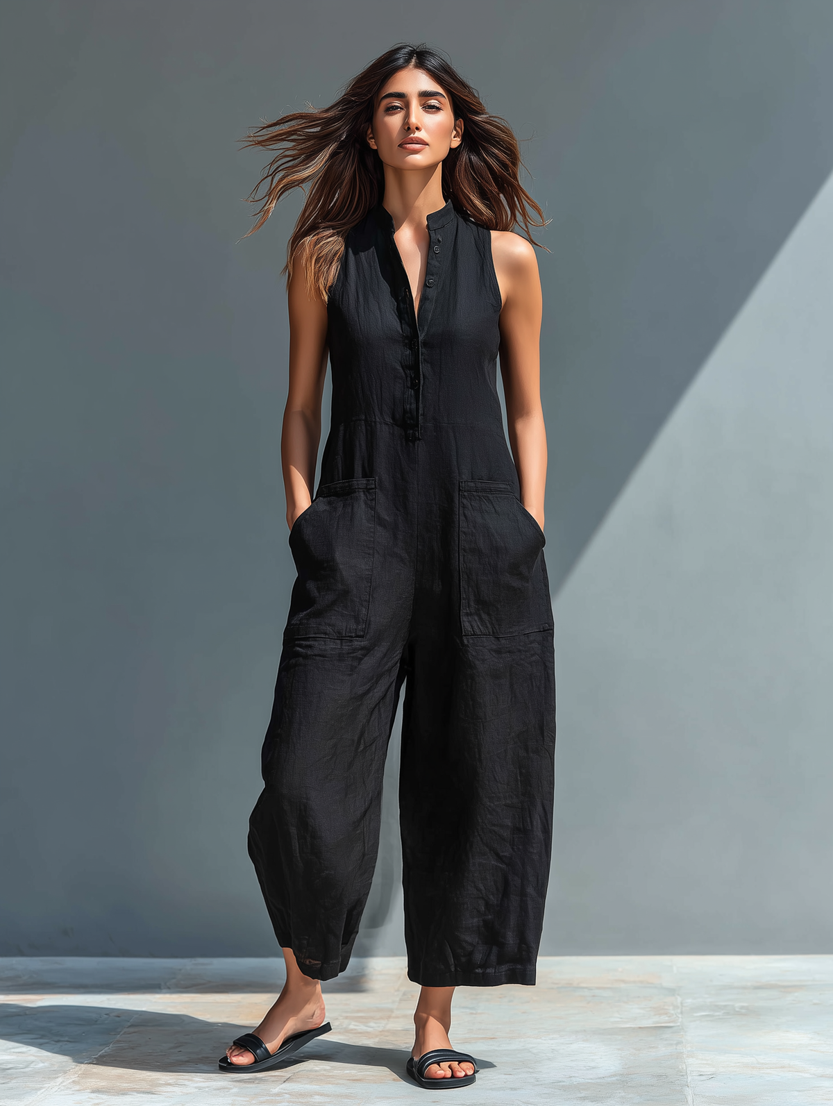 Women's Playsuit | Stand Collar Button Front Sleeveless Linen