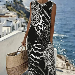 Women's Leopard Print Dress | Sleeveless Midi Patchwork Mixed Animal Print