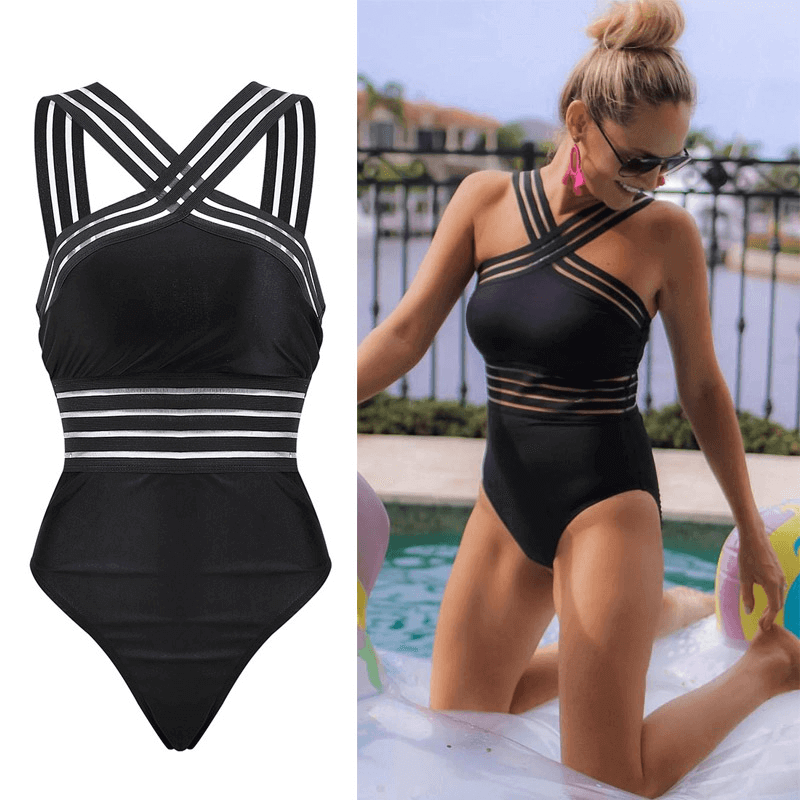 Women's One Piece Bikini | Striped Mesh Crossback High Neck