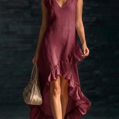 Women's Cotton Maxi Dress | V-Neck Sleeveless Ruffled Hem