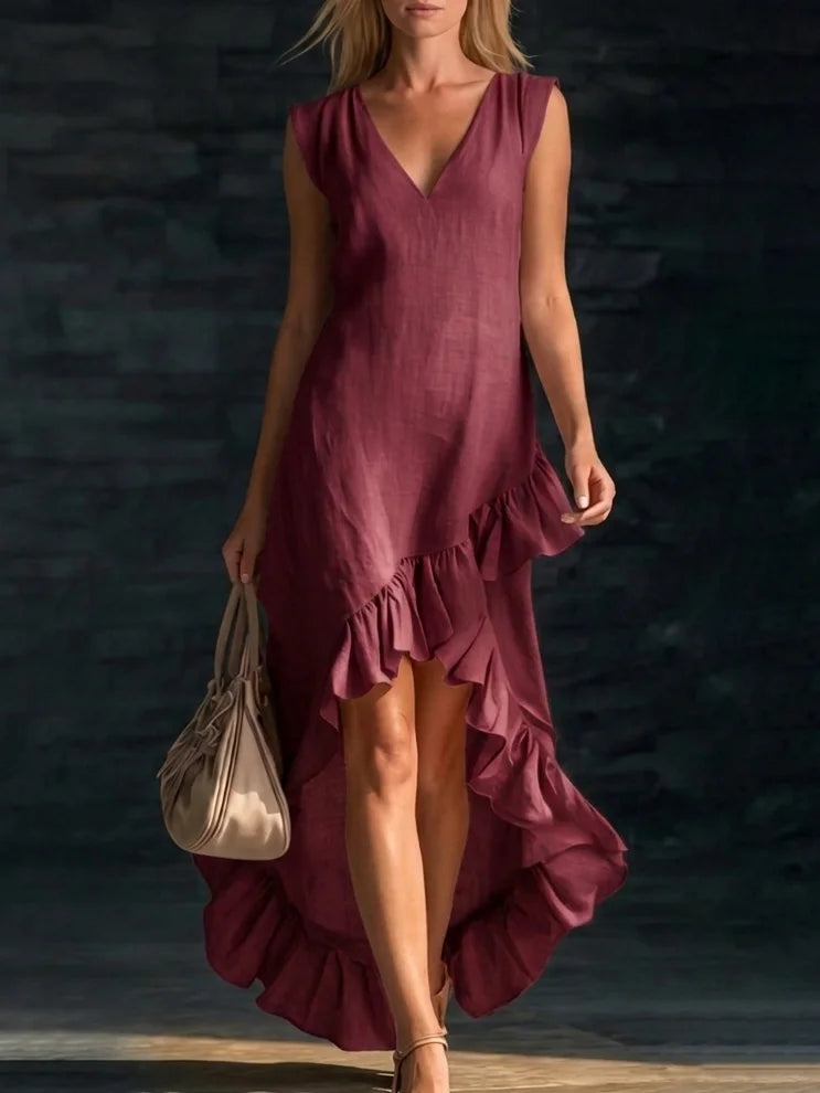 Women's Cotton Maxi Dress | V-Neck Sleeveless Ruffled Hem