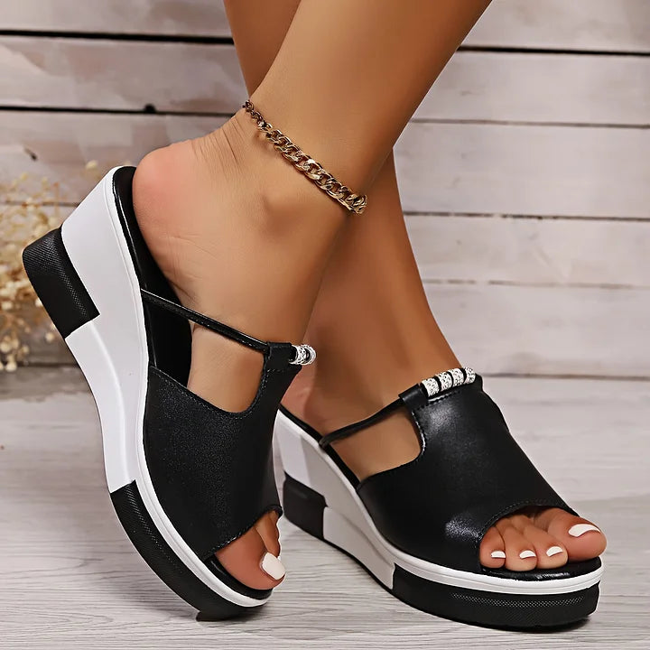 Women's Platform Slide | Open Toe Block Heel Wedge Sole