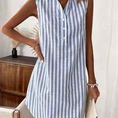 Women's Shirt Dress | V-Neck Sleeveless Mini Striped Button-Front