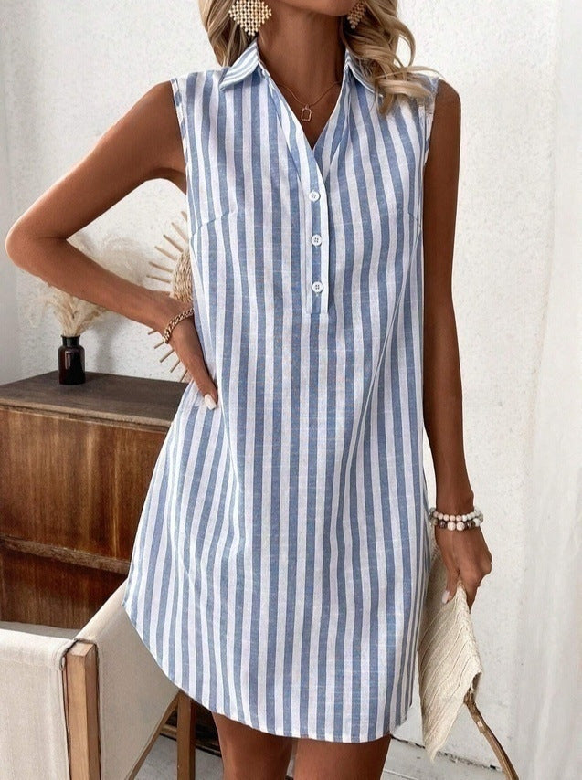 Women's Shirt Dress | V-Neck Sleeveless Mini Striped Button-Front