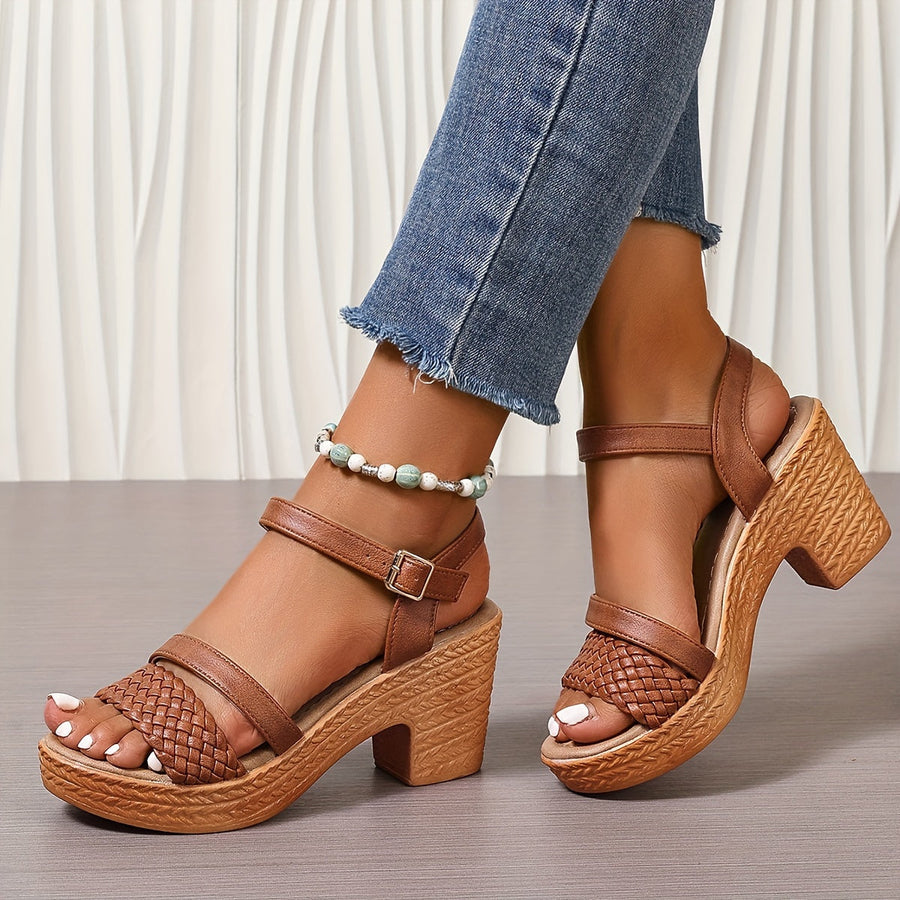 Women's Block Heels | Braided Toe Ankle Strap Buckle Platform