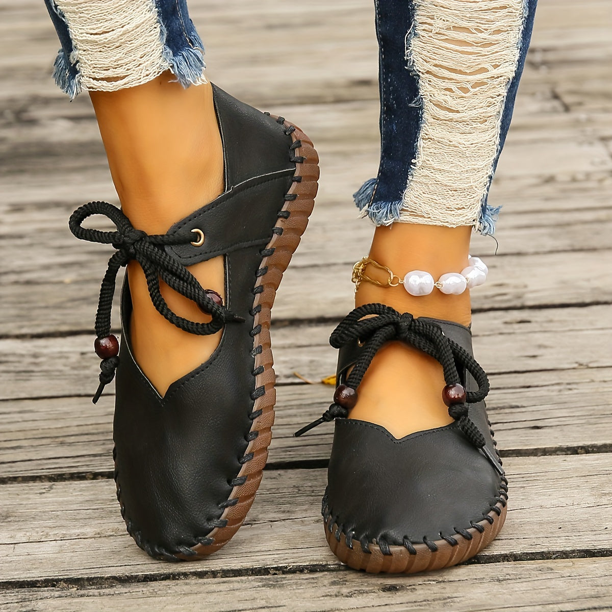 Women's Ballet Flats | Lace-Up Leather Casual