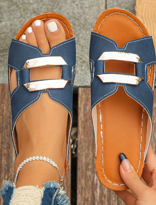 Women's Platform Slide | Open Toe Buckle Metallic Heel