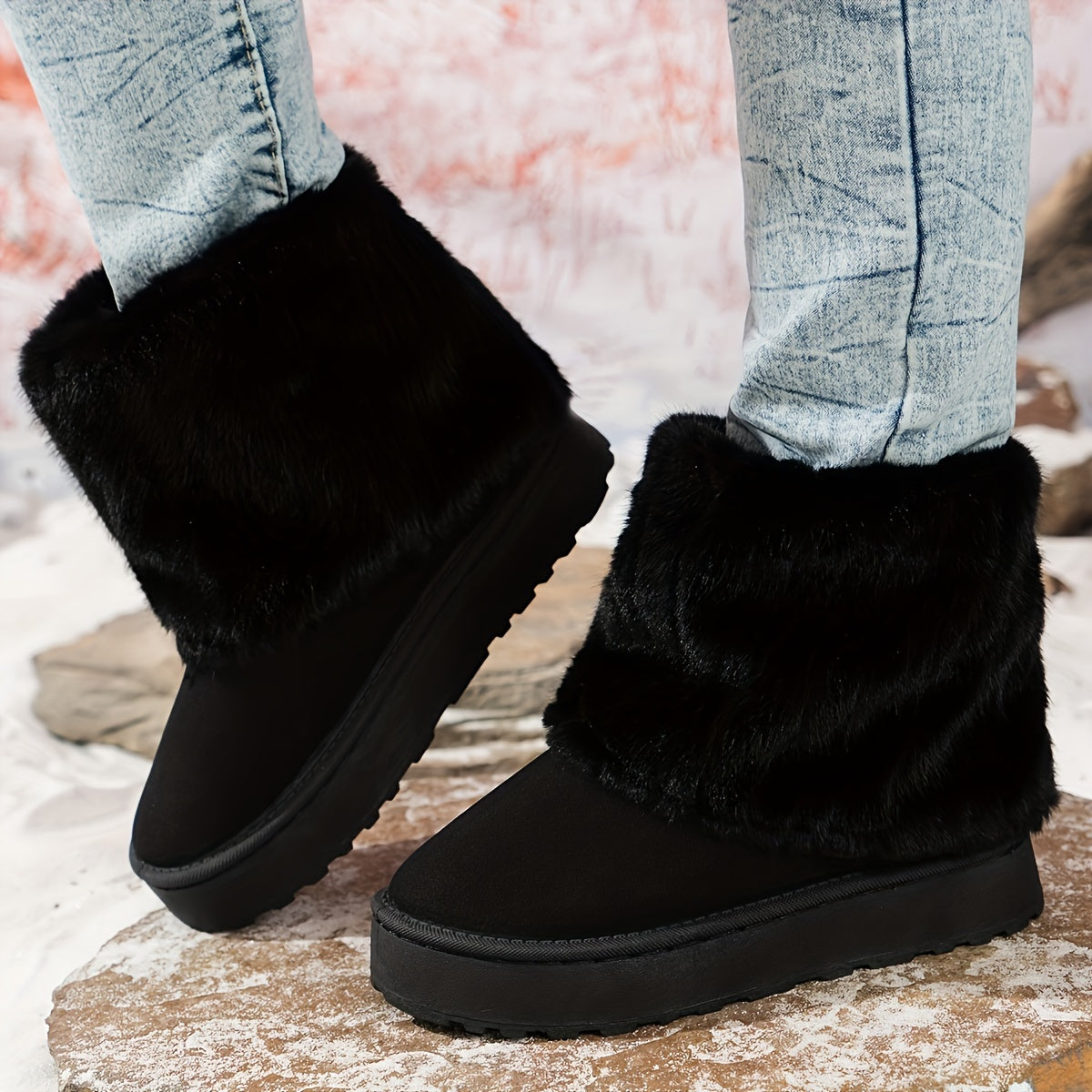 Women's Platform Boots | Fur Cuff Suede Slip-On
