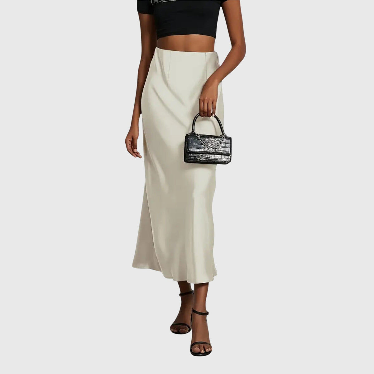 Women's A Line Skirt | Midi Length Flared Silhouette Smooth Satin