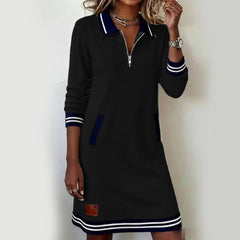 Women's Casual Mini Dress | Quarter-Zip Collar Striped Cuffs Relaxed Fit