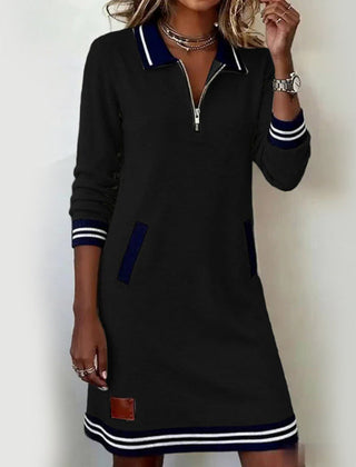 Women's Casual Mini Dress | Quarter-Zip Collar Striped Cuffs Relaxed Fit