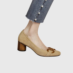 Women's High Heels | Suede Buckle Closure Block Heel Square Toe