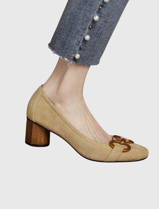 Women's High Heels | Suede Buckle Closure Block Heel Square Toe