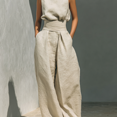 Women's Linen Pants | High Neck Sleeveless Turtleneck Pleated Wide Leg