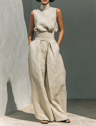 Women's Linen Pants | High Neck Sleeveless Turtleneck Pleated Wide Leg
