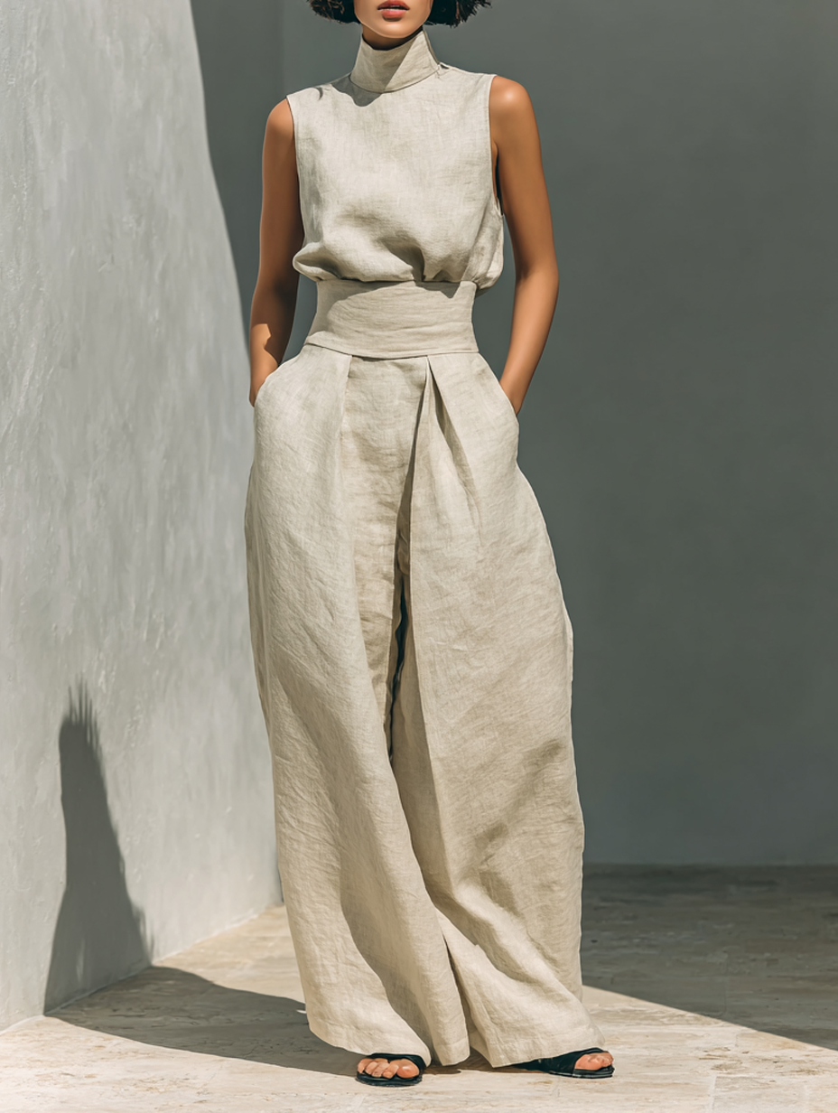 Women's Linen Pants | High Neck Sleeveless Turtleneck Pleated Wide Leg