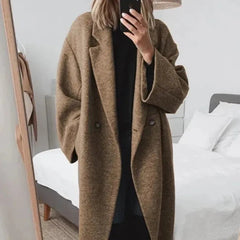 Women's Long Coat | Double-Breasted Notched Lapel Wool Relaxed Fit