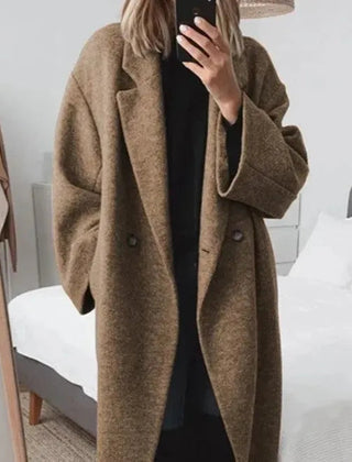 Women's Long Coat | Double-Breasted Notched Lapel Wool Relaxed Fit
