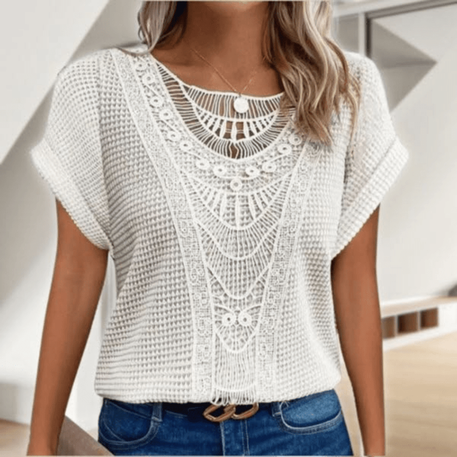 Women's Going Out Top | Lace Detail Short Sleeve Crew Knit