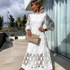 Women's Long Sleeve Wedding Guest Dress | Midi Lace High Neck Puff Sleeve