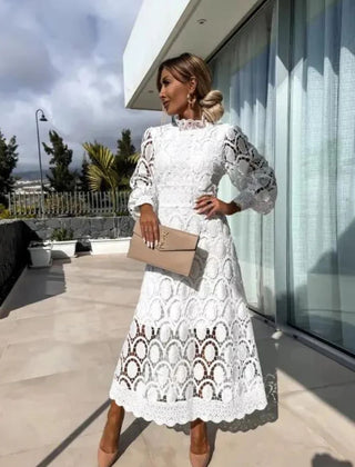 Women's Long Sleeve Wedding Guest Dress | Midi Lace High Neck Puff Sleeve