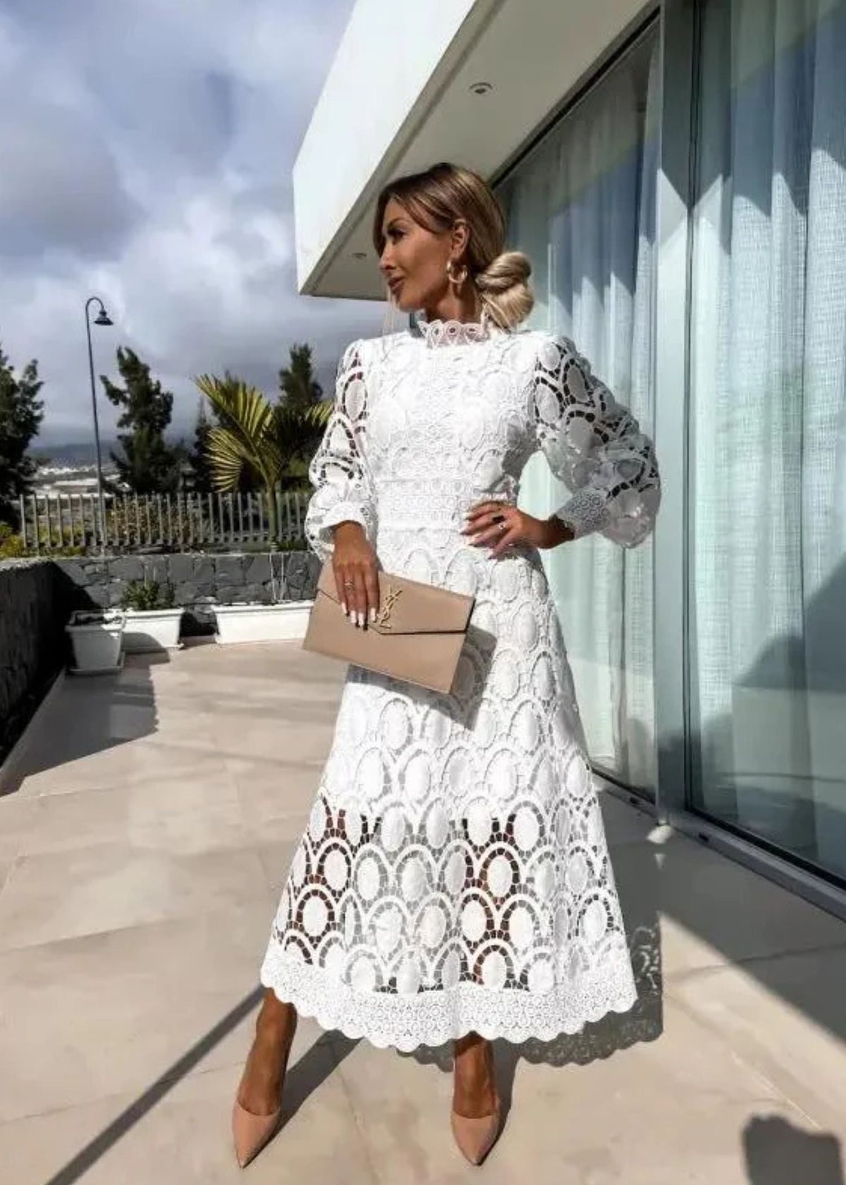 Women's Long Sleeve Wedding Guest Dress | Midi Lace High Neck Puff Sleeve