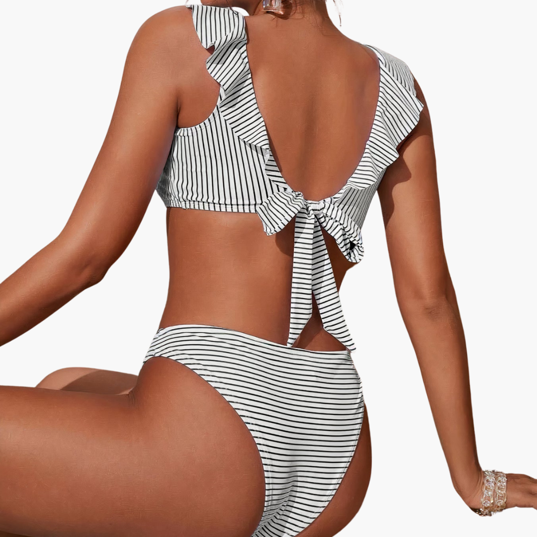 Women's Bikini Bottom | Striped Adjustable Strap Tie Back
