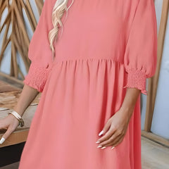 Women's Babydoll Dress | Midi Crew Neckline Smocked Cuff