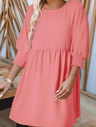 Women's Babydoll Dress | Midi Crew Neckline Smocked Cuff