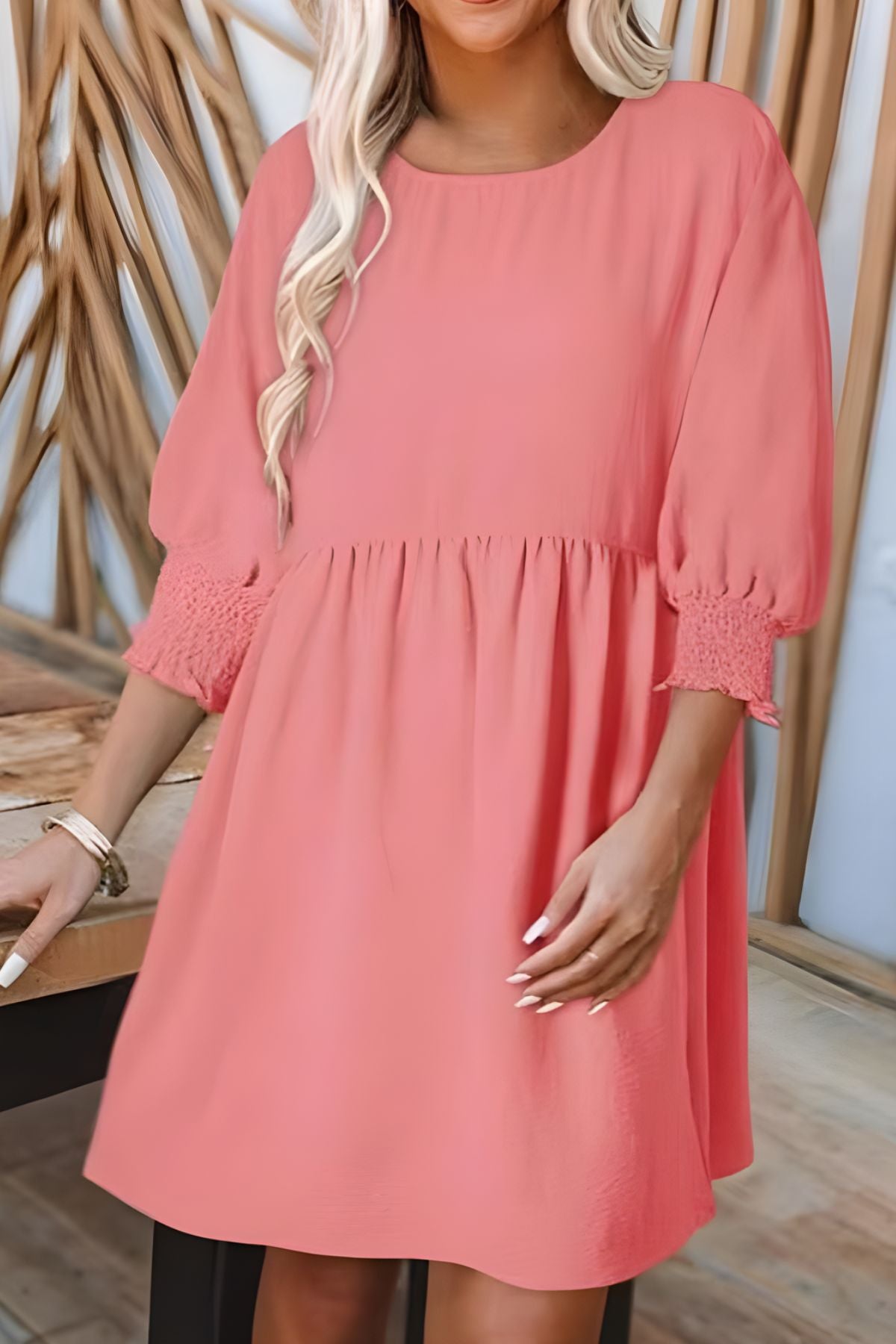 Women's Babydoll Dress | Midi Crew Neckline Smocked Cuff