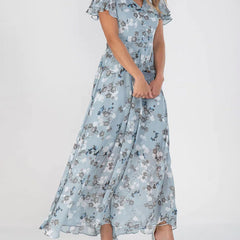 Women's Green Maid Of Honor Dress | Maxi V-Neck Ruffled Sleeve Floral