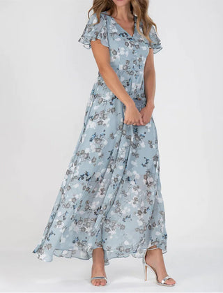 Women's Green Maid Of Honor Dress | Maxi V-Neck Ruffled Sleeve Floral
