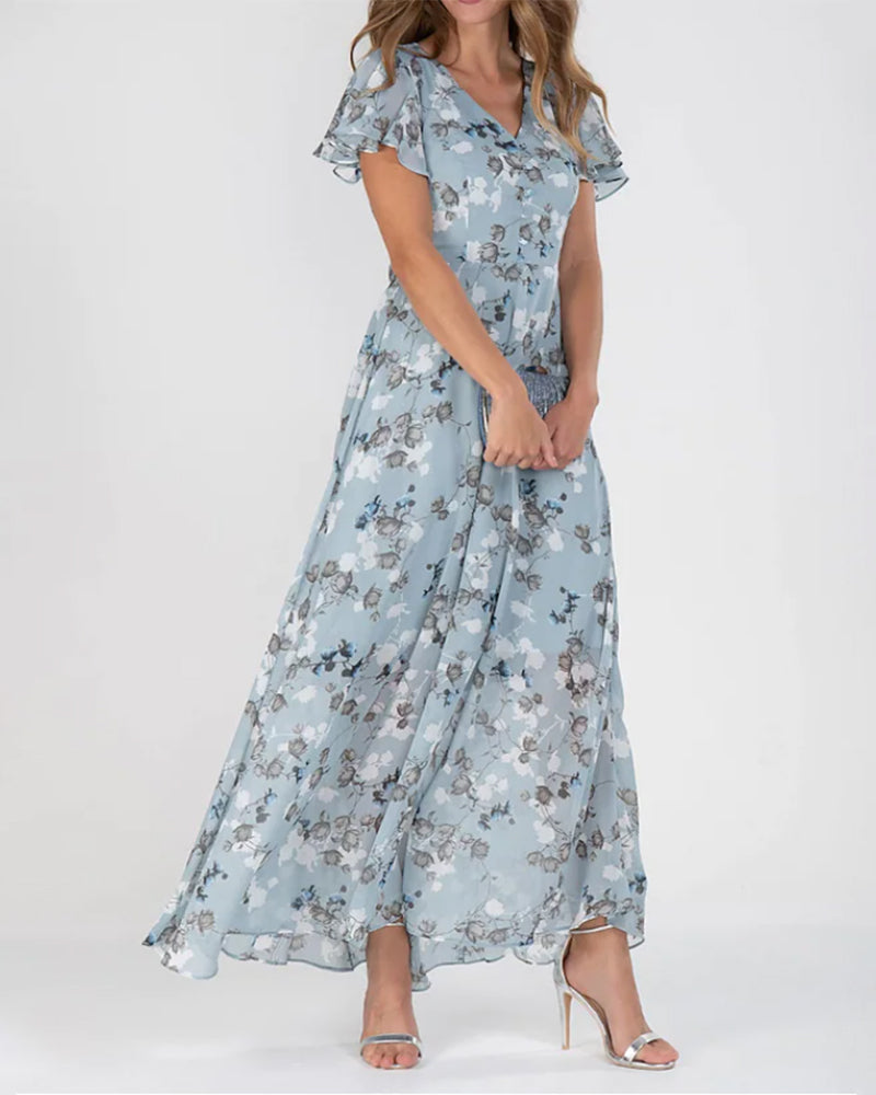 Women's Green Maid Of Honor Dress | Maxi V-Neck Ruffled Sleeve Floral